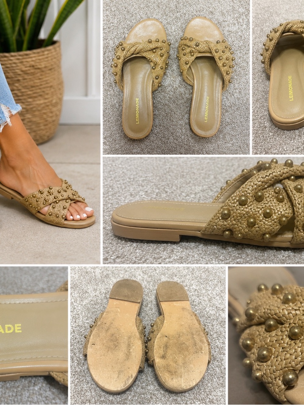 Lemonade Women’s Studded Braided Raffia Slide Sandals Tan Casual Slip-On
